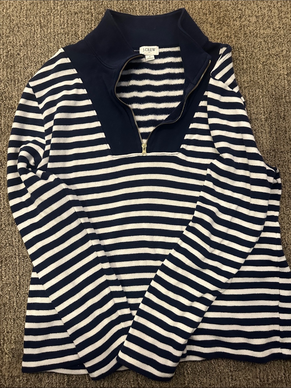 J. Crew Navy and White Striped Quarter-Zip Pullover